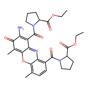ethyl 1-[8-amino-9-(2-ethoxycarbonylpyrrolidine-1-carbonyl)-4,6-dimethyl-7-oxophenoxazine-1-carbonyl]pyrrolidine-2-carboxylate structure