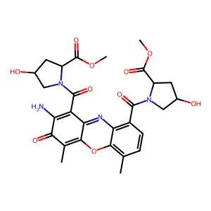 methyl 1-[8-amino-9-(4-hydroxy-2-methoxycarbonylpyrrolidine-1-carbonyl)-4,6-dimethyl-7-oxophenoxazine-1-carbonyl]-4-hydroxypyrrolidine-2-carboxylate structure