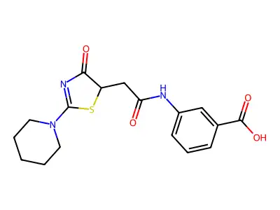 3-{2-[4-oxo-2-(piperidin-1-yl)-4,5-dihydro-1,3-thiazol-5-yl]acetamido}benzoic acid structure