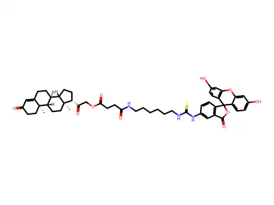 N-(desoxycorticosterone-21-succinylaminohexyl)-N'-fluoresceinyl-thiourea structure