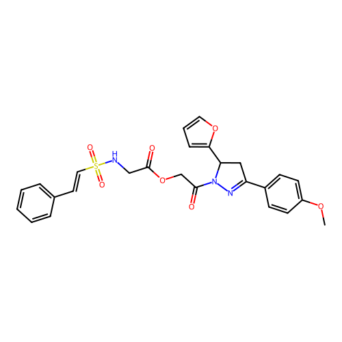 [2-[3-(furan-2-yl)-5-(4-methoxyphenyl)-3,4-dihydropyrazol-2-yl]-2-oxoethyl] 2-[[(E)-2-phenylethenyl]sulfonylamino]acetate structure
