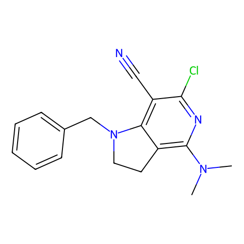 1-benzyl-4-dimethylamino-6-chloro-7-cyano-5-azaindoline structure