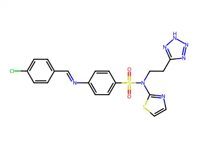 Benzenesulfonamide, 4-(((4-chlorophenyl)methylene)amino)-N-(2-(1H-tetrazol-5-yl)ethyl)-N-2-thiazolyl- structure