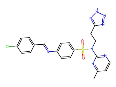Benzenesulfonamide, 4-(((4-chlorophenyl)methylene)amino)-N-(4-methyl-2-pyrimidinyl)-N-(2-(1H-tetrazol-5-yl)ethyl)- structure