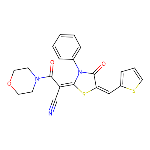 (E)-3-morpholino-3-oxo-2-((E)-4-oxo-3-phenyl-5-(thiophen-2-ylmethylene)thiazolidin-2-ylidene)propanenitrile structure