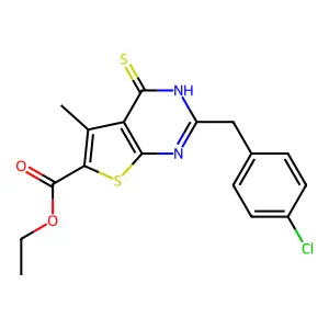 ethyl 2-[(4-chlorophenyl)methyl]-5-methyl-4-sulfanylthieno[2,3-d]pyrimidine-6-carboxylate structure