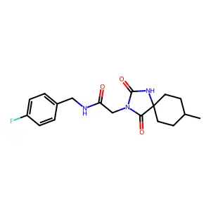 N-(4-fluorobenzyl)-2-(8-methyl-2,4-dioxo-1,3-diazaspiro[4.5]dec-3-yl)acetamide structure