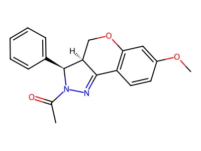 (1)Benzopyrano(4,3-c)pyrazole, 2,3,3a,4-tetrahydro-2-acetyl-7-methoxy-3-phenyl-, trans- structure