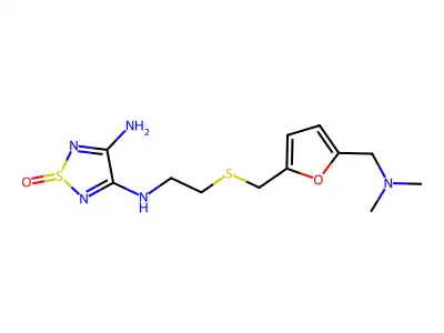 3-N-[2-[[5-[(dimethylamino)methyl]furan-2-yl]methylsulfanyl]ethyl]-1-oxo-1,2,5-thiadiazole-3,4-diamine structure