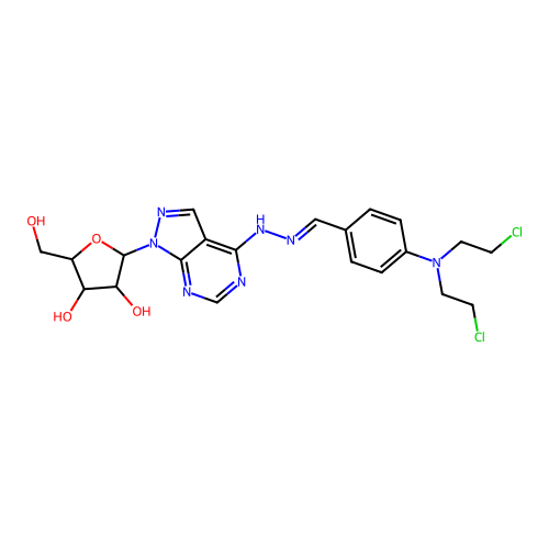 2-[4-[(2E)-2-[[4-[bis(2-chloroethyl)amino]phenyl]methylidene]hydrazinyl]pyrazolo[3,4-d]pyrimidin-1-yl]-5-(hydroxymethyl)oxolane-3,4-diol structure