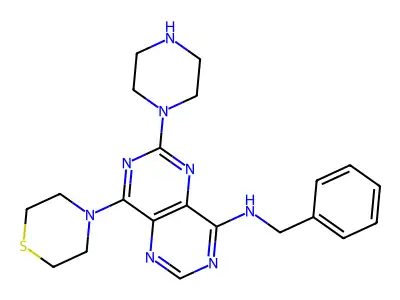 8-Benzylamino-2-piperazino-4-thiomorpholino-pyrimido(5,4-d)pyrimidine structure