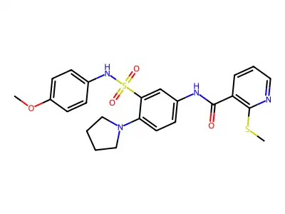 N-[3-[(4-methoxyphenyl)sulfamoyl]-4-pyrrolidin-1-ylphenyl]-2-methylsulfanylpyridine-3-carboxamide structure