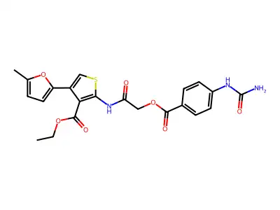 ethyl 2-[[2-[4-(carbamoylamino)benzoyl]oxyacetyl]amino]-4-(5-methylfuran-2-yl)thiophene-3-carboxylate structure