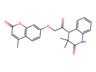 3,3-dimethyl-4-[2-(4-methyl-2-oxochromen-7-yl)oxyacetyl]-1H-quinoxalin-2-one structure