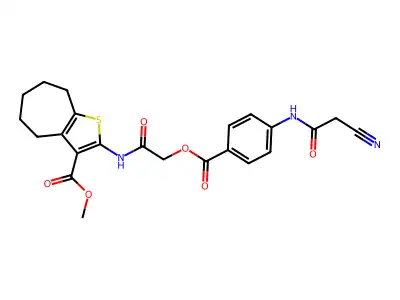 methyl 2-[[2-[4-[(2-cyanoacetyl)amino]benzoyl]oxyacetyl]amino]-5,6,7,8-tetrahydro-4H-cyclohepta[b]thiophene-3-carboxylate structure