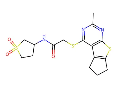 N-(1,1-dioxothiolan-3-yl)-2-[(10-methyl-7-thia-9,11-diazatricyclo[6.4.0.02,6]dodeca-1(8),2(6),9,11-tetraen-12-yl)sulfanyl]acetamide structure