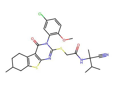 2-[[3-(5-chloro-2-methoxyphenyl)-7-methyl-4-oxo-5,6,7,8-tetrahydro-[1]benzothiolo[2,3-d]pyrimidin-2-yl]sulfanyl]-N-(2-cyano-3-methylbutan-2-yl)acetamide structure