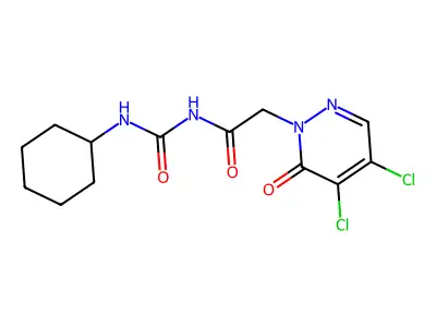 N-(cyclohexylcarbamoyl)-2-(4,5-dichloro-6-oxopyridazin-1-yl)acetamide structure