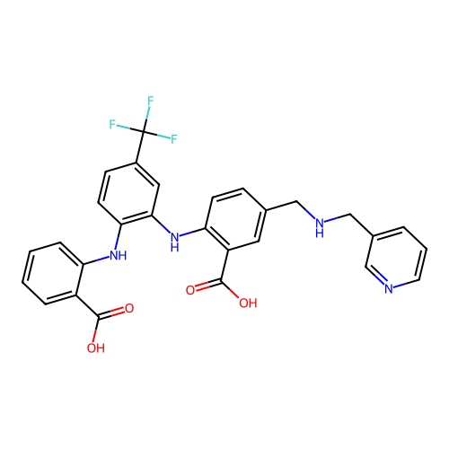 2-({2-[(2-Carboxyphenyl)amino]-5-(trifluoromethyl)phenyl}amino)-5-{[(3-pyridinylmethyl)amino]methyl}benzoic acid structure