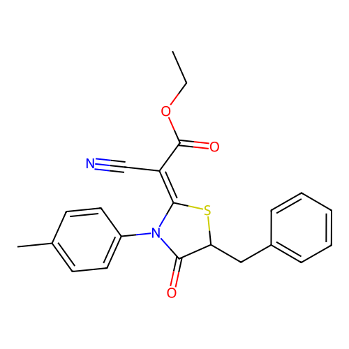 (Z)-ethyl 2-(5-benzyl-4-oxo-3-(p-tolyl)thiazolidin-2-ylidene)-2-cyanoacetate structure