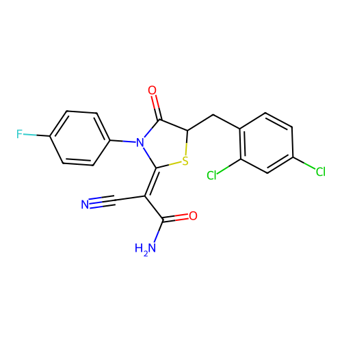 (Z)-2-cyano-2-(5-(2,4-dichlorobenzyl)-3-(4-fluorophenyl)-4-oxothiazolidin-2-ylidene)acetamide structure