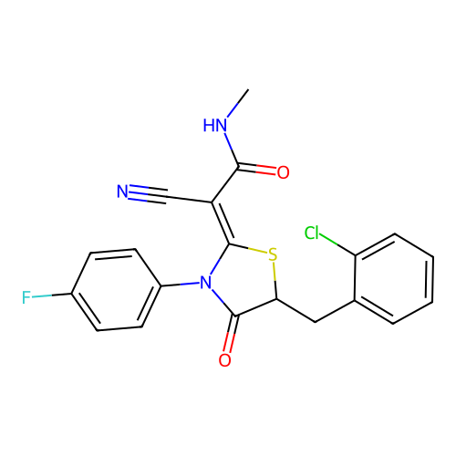 (Z)-2-(5-(2-chlorobenzyl)-3-(4-fluorophenyl)-4-oxothiazolidin-2-ylidene)-2-cyano-N-methylacetamide structure