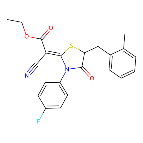 (Z)-ethyl 2-cyano-2-(3-(4-fluorophenyl)-5-(2-methylbenzyl)-4-oxothiazolidin-2-ylidene)acetate structure