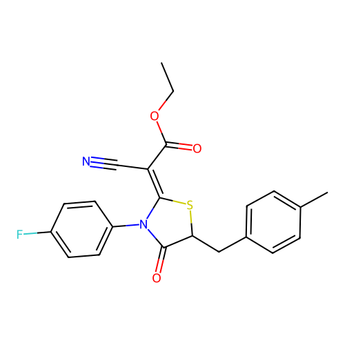 (Z)-ethyl 2-cyano-2-(3-(4-fluorophenyl)-5-(4-methylbenzyl)-4-oxothiazolidin-2-ylidene)acetate structure