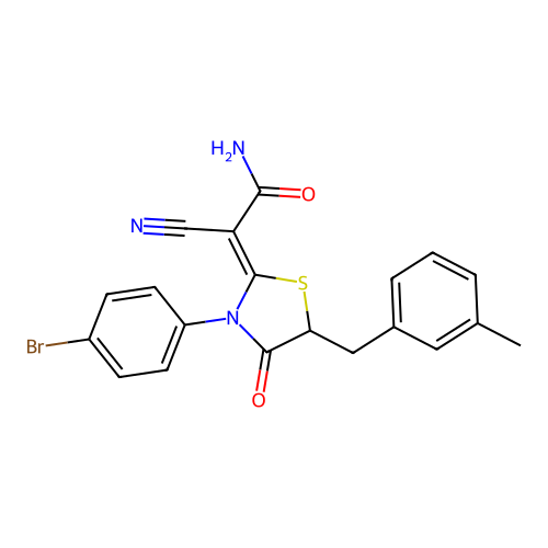 (Z)-2-(3-(4-bromophenyl)-5-(3-methylbenzyl)-4-oxothiazolidin-2-ylidene)-2-cyanoacetamide structure