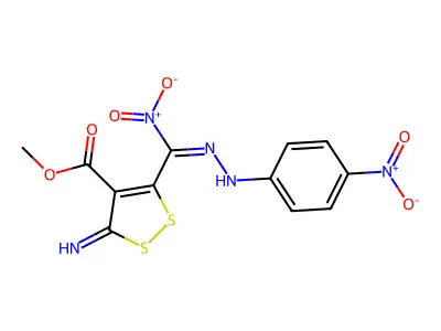 methyl 3-imino-5-[C-nitro-N-(4-nitroanilino)carbonimidoyl]dithiole-4-carboxylate structure