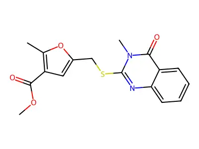 methyl 2-methyl-5-[(3-methyl-4-oxoquinazolin-2-yl)sulfanylmethyl]furan-3-carboxylate structure
