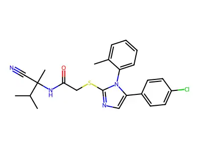 2-[5-(4-chlorophenyl)-1-(2-methylphenyl)imidazol-2-yl]sulfanyl-N-(2-cyano-3-methylbutan-2-yl)acetamide structure