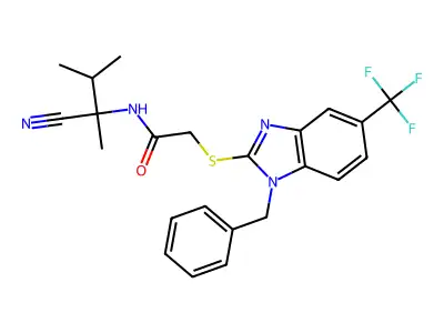 2-[1-benzyl-5-(trifluoromethyl)benzimidazol-2-yl]sulfanyl-N-(2-cyano-3-methylbutan-2-yl)acetamide structure