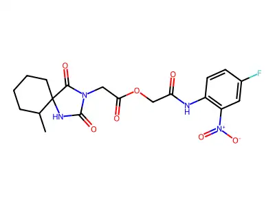 [2-(4-fluoro-2-nitroanilino)-2-oxoethyl] 2-(6-methyl-2,4-dioxo-1,3-diazaspiro[4.5]decan-3-yl)acetate structure