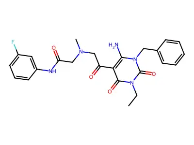 2-[[2-(6-amino-1-benzyl-3-ethyl-2,4-dioxopyrimidin-5-yl)-2-oxoethyl]-methylamino]-N-(3-fluorophenyl)acetamide structure
