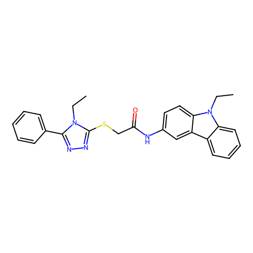 2-((4-ethyl-5-phenyl-4H-1,2,4-triazol-3-yl)thio)-N-(9-ethyl-9H-carbazol-3-yl)acetamide structure