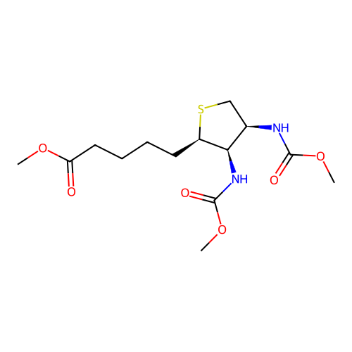 methyl 5-((2R,3R,4S)-3,4-bis((methoxycarbonyl)amino)tetrahydrothiophen-2-yl)pentanoate structure