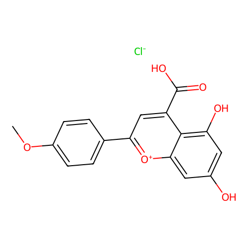 4-Carboxy-5,7-dihydroxy-2-(4-methoxyphenyl)-1-benzopyrylium chloride structure
