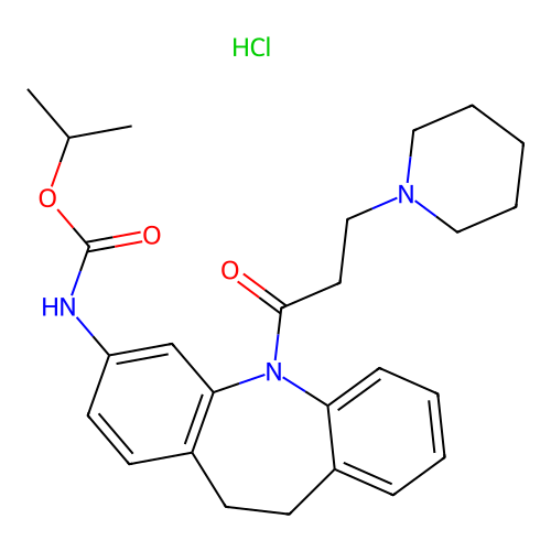 isopropyl (5-(3-(piperidin-1-yl)propanoyl)-10,11-dihydro-5H-dibenzo[b,f]azepin-3-yl)carbamate hydrochloride structure