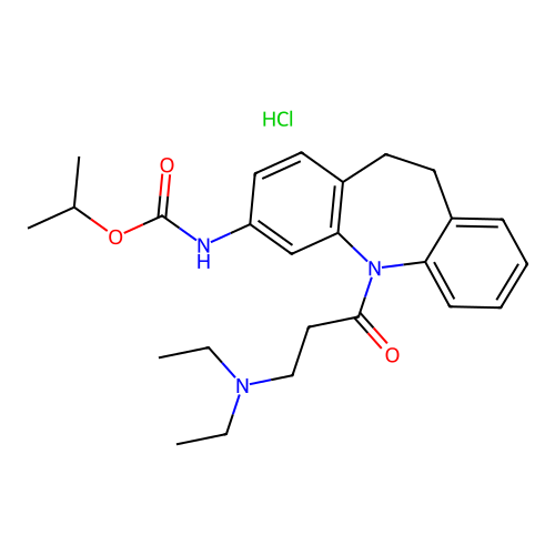 isopropyl (5-(3-(diethylamino)propanoyl)-10,11-dihydro-5H-dibenzo[b,f]azepin-3-yl)carbamate hydrochloride structure