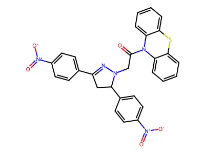 10-((4,5-Dihydro-3,5-bis(4-nitrophenyl)-1H-pyrazol-1-yl)acetyl)-10H-phenothiazine structure