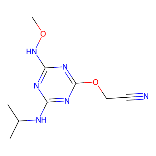 {[4-(Methoxyamino)-6-(propan-2-ylamino)-1,3,5-triazin-2-yl]oxy}acetonitrile structure