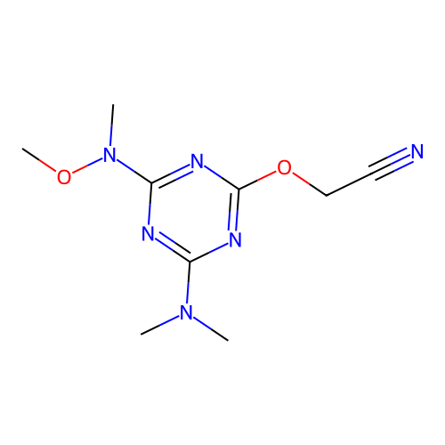 ({4-(Dimethylamino)-6-[methoxy(methyl)amino]-1,3,5-triazin-2-yl}oxy)acetonitrile structure