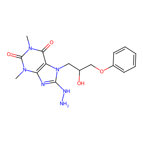 8-hydrazinyl-7-(2-hydroxy-3-phenoxypropyl)-1,3-dimethylpurine-2,6-dione structure