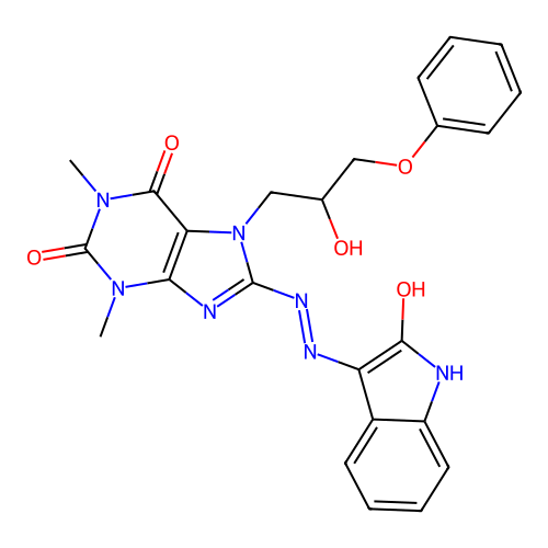 (8E)-7-(2-hydroxy-3-phenoxypropyl)-1,3-dimethyl-8-[(2E)-(2-oxo-1,2-dihydro-3H-indol-3-ylidene)hydrazinylidene]-3,7,8,9-tetrahydro-1H-purine-2,6-dione structure