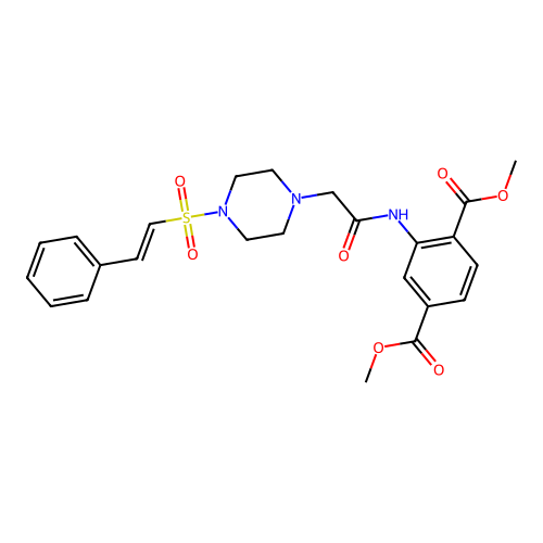 dimethyl 2-[[2-[4-[(E)-2-phenylethenyl]sulfonylpiperazin-1-yl]acetyl]amino]benzene-1,4-dicarboxylate structure