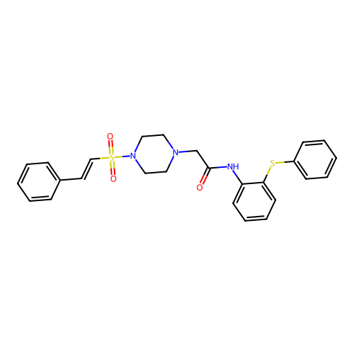 2-[4-[(E)-2-phenylethenyl]sulfonylpiperazin-1-yl]-N-(2-phenylsulfanylphenyl)acetamide structure