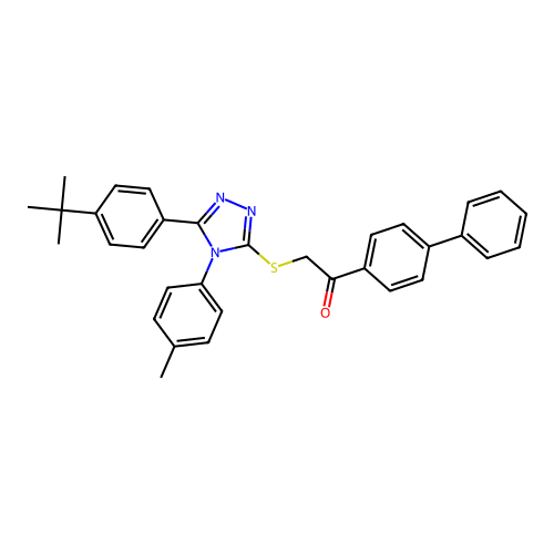 1-([1,1'-biphenyl]-4-yl)-2-((5-(4-(tert-butyl)phenyl)-4-(p-tolyl)-4H-1,2,4-triazol-3-yl)thio)ethanone structure