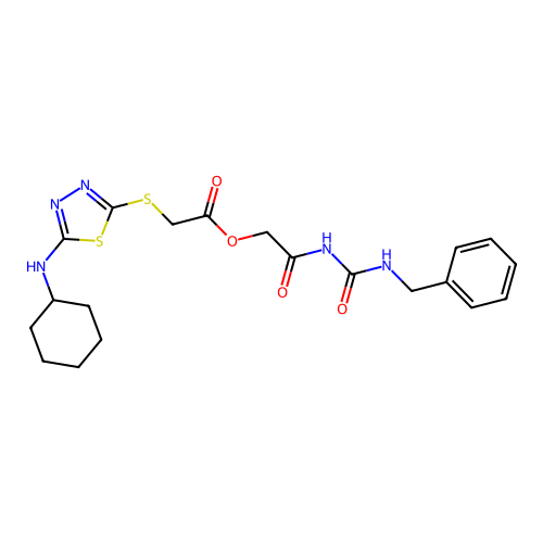 [2-(benzylcarbamoylamino)-2-oxoethyl] 2-[[5-(cyclohexylamino)-1,3,4-thiadiazol-2-yl]sulfanyl]acetate structure