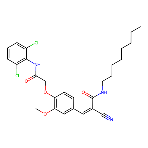 (Z)-2-Cyano-3-[4-[2-(2,6-dichloroanilino)-2-oxoethoxy]-3-methoxyphenyl]-N-octylprop-2-enamide structure